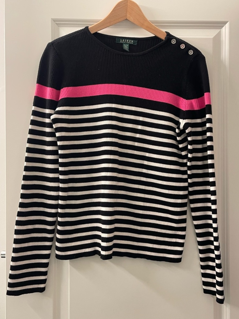Lauren Ralph Lauren Black, White & Pink Striped Crewneck Sweater